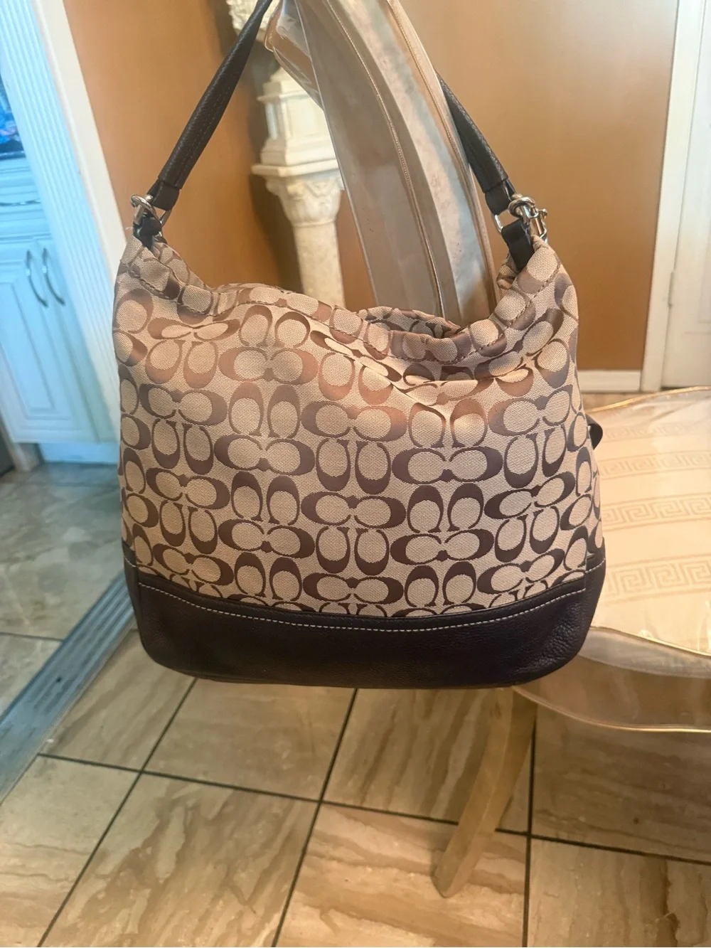 Vintage Coach Brown Signature and Leather Hobo Shoulder/ Crossbody bag